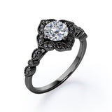 Milgrain Flower Cluster 1.5 TCW Round Brilliant Cut Moissanite with Lab Created Black Diamond Filigree Engagement Ring in White Gold