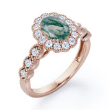 Vintage Floral Halo 0.7 carat Oval and Round Moss Green Agate and diamond Engagement Ring in Rose Gold