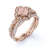 Art Deco 1.50 Carat Round Cut Peach Morganite and Diamond Bridal Ring Set in White Gold