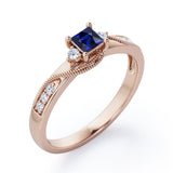Double Curved Line Milgrain 0.55 carat Princess Blue Sapphire and Moissanite Dainty Engagement Ring in White Gold