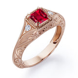 Vintage Milgrain 1.10 Carat Princess Cut Lab Ruby And Diamond Sharp Eight Claws Art Deco Engagement Ring In Rose Gold