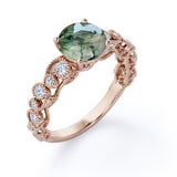 Vintage Exquisite Prong 1.50 Carat Round Cut Real Faceted Druzy Moss Green Agate and Diamond Art Deco Milgrain Engagement Ring