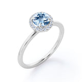 Minimalist Solitaire 1.25 Carat Round Cut Natural Ocean Blue Aquamarine and Diamond Halo Female Engagement Ring