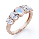 Oval Basket Set 1.25 carat Moonstone and moissanite Fine Jewelry Ring in White Gold