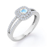Clustered 1.55 Carat Round Cut Moonstone And Diamond Double Halo Split Shank Engagement Ring In White Gold