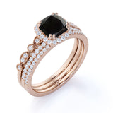 Affordable Antique Artdeco 2 Carat Cushion Cut Lab Black Diamond Halo Wedding Trio Ring Set in White Gold