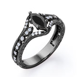 Unique Six Prongs 1.25 Carat Marquise Cut Black Diamond Vintage Filigree Engagement Ring In White Gold