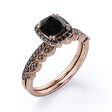 Pave-Accented Halo 1.6 TCW Cushion Cut Lab Created Black Diamond Milgrain Filigree Wedding Ring Set in White Gold