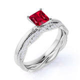 Plain Shank 2 Carat Princess Cut Lab Ruby Bridal Set with Diamond Infinity Wedding Band in White Gold