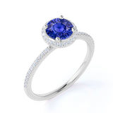 Pave Set 1.50 Carat Round Cut Sapphire and Diamond Halo Engagement Ring in White Gold