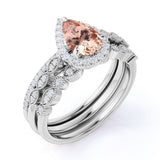 Limited Time Sale: Huge 2 Carat Pear cut Morganite and Diamond Trio Wedding Ring Set in Rose Gold