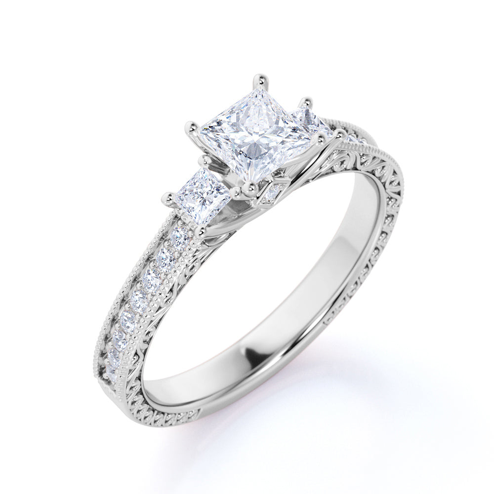 Classic 1 Carat Princess Cut Moissanite - Vintage - Beaded - Three Stone - Victorian Engagement Ring in 10K White Gold