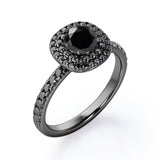 Cushion Double Halo - 1.5 TCW Round Cut Lab Created Black Diamond - Engagement Ring with Pave Accents in White Gold