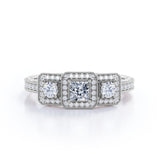 Vintage Milgrain 0.75 Carat Princess Cut Diamond Trilogy Halo Engagement Ring In White Gold