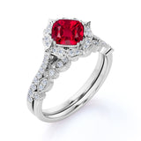 Vintage Floral Cluster 1.50 Carat Cushion Cut Lab Ruby and Diamond Halo Wedding Set in White Gold