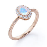 1.50 Carat Oval Blue Moonstone Halo Engagement Ring in White Gold - Moonstone Statement Ring