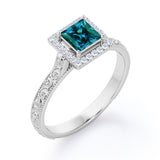 Vintage Milgrain 1.25 Carat Princess Cut Lab Created  Alexandrite And Diamond Art Deco Engagement Ring In White Gold