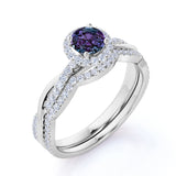 Twist Under Halo 1.75 Carat Round Cut Lab Grown Alexandrite and Diamond Semi Eternity Wedding Set Rings