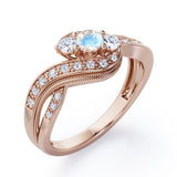 Double Milgrain Curve Infinity 0.7 carat Round Moonstone and Moissanites Engagement Ring in rose Gold