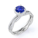 Classic Elegant Halo 2.25 Carat Round Cut Sapphire and Diamond Bridal Set with Infinity Band in White Gold