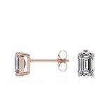 Certified - 1 Carat Emerald Cut Moissanite - Minimalist Solitaire Stud Earrings - 18K Rose Gold Plating Over Silver