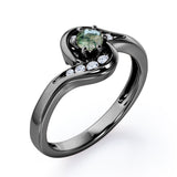 Whirly Gemstone 0.55 carat Round Green Moss Agate and Moissanites Artistic Engagement Ring in White Gold