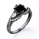 Classic Eight Prongs 1.30 Carat Princess Cut Black Diamond Marquise Framed Vintage Engagement Ring In Rose Gold