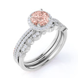 Designer 2 Carat Round Cut Peach Morganite and Diamond Trio Wedding Ring Set in 10k White Gold Celebrity Ring