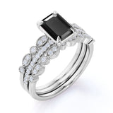 Unique antique 1.75 Carat Lab Black Diamond Trio Wedding Ring Set for Women in Rose Gold