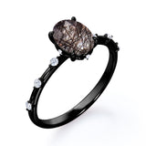 Sharp Four Claws 1.10 Carat Oval Cut Natural Black Rutilated Quartz And Diamond Seven Stone Engagement Ring In White Gold