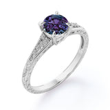 Flower Design 1 Carat Round Cut Lab Created Alexandrite Antique Milgrain Art Deco Engagement Ring In White Gold For Her