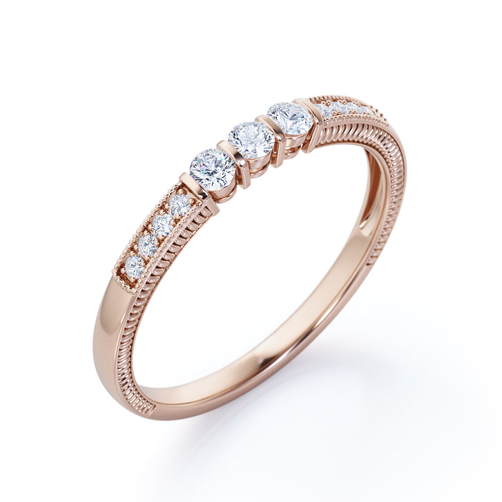 Artistic 1 Carat 3 Brilliant Round Cut Moissanite Bar Setting Engagement Ring in White Gold