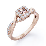 1.25 Carat Princess Cut Morganite and diamond - Half Crossover Pave - Halo Engagement Ring in White Gold