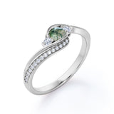 Bypass Three Stone 1.75 Carat Round Cut Milky White Scenic Moss Green Agate and Diamond Channel Set Engagement Ring for Women
