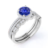 2 Carat Round Cut Sapphire and Diamond Trio Bridal Ring Set in 10k White Gold Splendid Ring