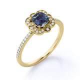 Antique Flower Cluster 1.50 Carat Cushion Cut Lab Created Blue Alexandrite and Diamond Halo Pave Engagement Ring in White Gold for Her