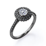 Double Halo Cluster - 1.5 TCW Round Shape Moissanite with Lab Created Black Diamond - Pave Accented Engagement Ring in Rose Gold
