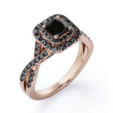 Rounded Square Double Halo -  1.55 TCW Princess Cut Lab Created Black Diamond - Infinity Pave Engagement Ring in White Gold
