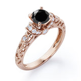 Classic Four Prong 1.15 Carat Round Cut Black Diamond Art Deco Engagement Ring In Black Gold