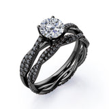 Double Twisted Eternity - 1.75 TCW Round Cut Moissanite with Lab Created Black Diamond - Basket Cathedral Bridal Ring Set in White Gold
