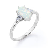 Unique Six Prong Basket Set 1.15 Carat Hexagon Shaped White Fire Opal And Diamond Five Stone Engagement Ring In White Gold.
