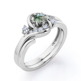 6 Prong Tension Design - 0.55 TCW Round Shaped Green Moss Agate and Moissanite - Flush Chanel Wedding Ring Set - Rose Gold