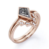 Chevron 1.15 Carat Kite Shaped Dark Black Rutilated Quartz And Diamond Bezel Set V Style Wedding Ring Set In Black Gold