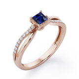 Twisted and Split Pinched Shank 0.65 carat Princess Blue Sapphire and Moissanites Elegant Engagement Ring in Rose Gold