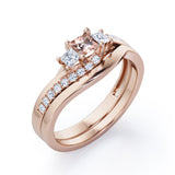 3 Stone Shared Prong - 1 TCW Princess Cut Morganite and Moissanite - Pave Curved Shank Wedding Set - Rose Gold