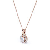 Six Prong Bezel Set 1.10 Carat Round Certified Moissanite and Diamond Halo Pave Pendant Necklace with Chain in Rose Gold