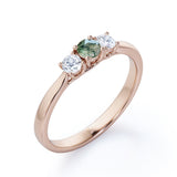 Classic trio ring - 1 carat Round Moss Agate and Moissanite Promise Ring in White Gold