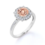 Designer 1.25 Carat Round Cut Peach Morganite and Diamond Halo Engagement Ring in Rose Gold