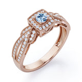 Extravaganza Milgrain Bordered - 1.45 Carat Round Brilliant Cut Aquamarine - Halo Pave Channel Engagement Ring in White Gold