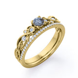 Minimalist Leaf Design 0.75 Carat Round Cut Genuine Black Grey Salt and Pepper Diamond Filigree with Diamond Pave Band Wedding Set Rings